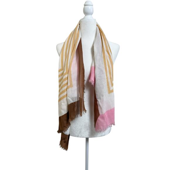 NWT J. McLaughlin Women's Brown Cream Pink Silk Blend Giselle Fringe Scarf - Picture 1 of 7
